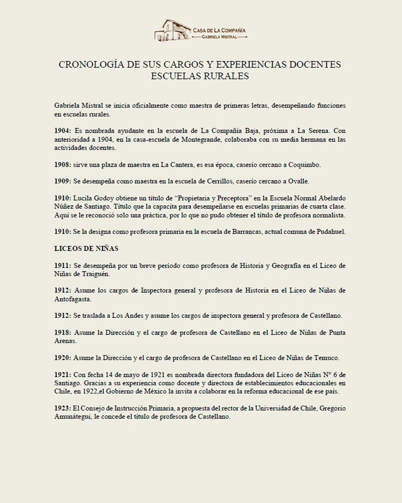 Cronolog&iacute;a de sus cargos y experiencias docentes en escuelas rurales