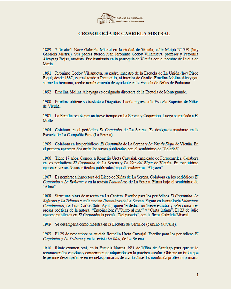 CRONOLOG&Iacute;A DE GABRIELA MISTRAL