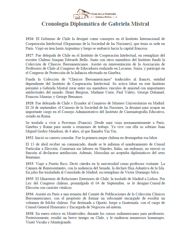 Cronolog&iacute;a Diplom&aacute;ica de Gabriela Mistral