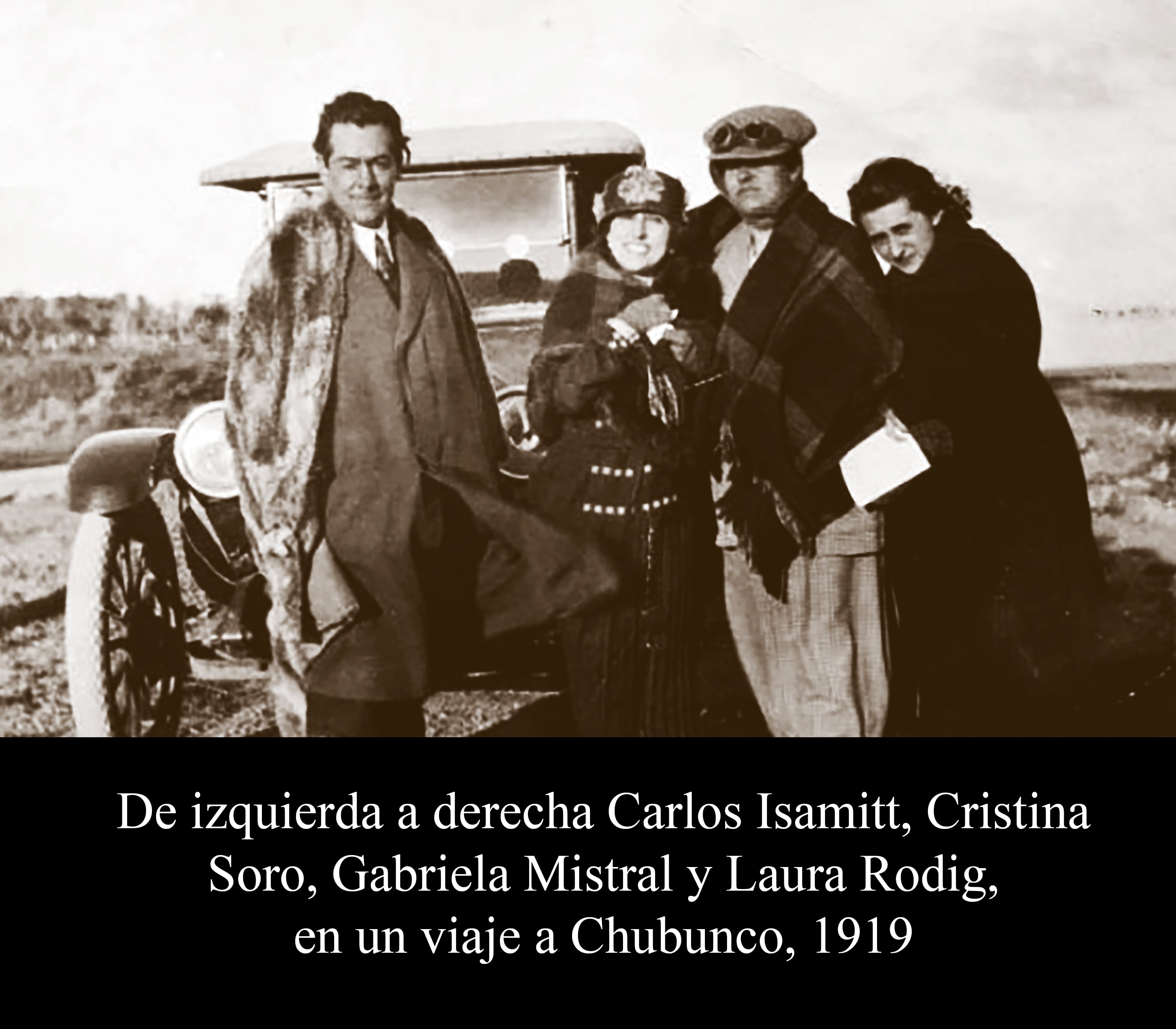 Gabriela Mistral en un viaje a Chubunco, en compa&ntilde;&iacute;a de Carlos Isamitt, Cristina Soro y Laura Rodig, 1919